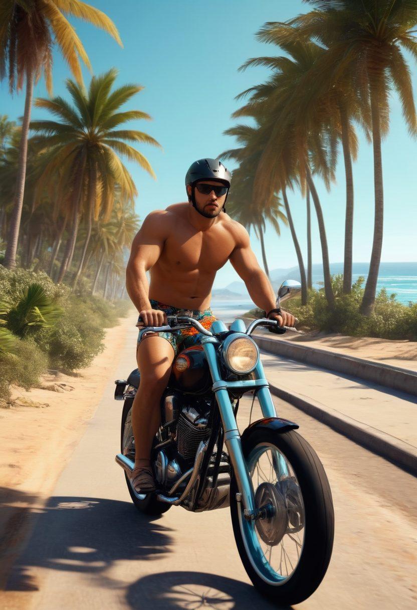 A bold, adventurous scene of a biker riding along a scenic coastal road, with a vibrant beach in the background. The biker showcases stylish swimwear that combines elements of biker fashion and beach aesthetics, surrounded by ocean waves and palm trees. Include sun-soaked colors and a sense of freedom and adventure. super-realistic. vibrant colors. 3D.